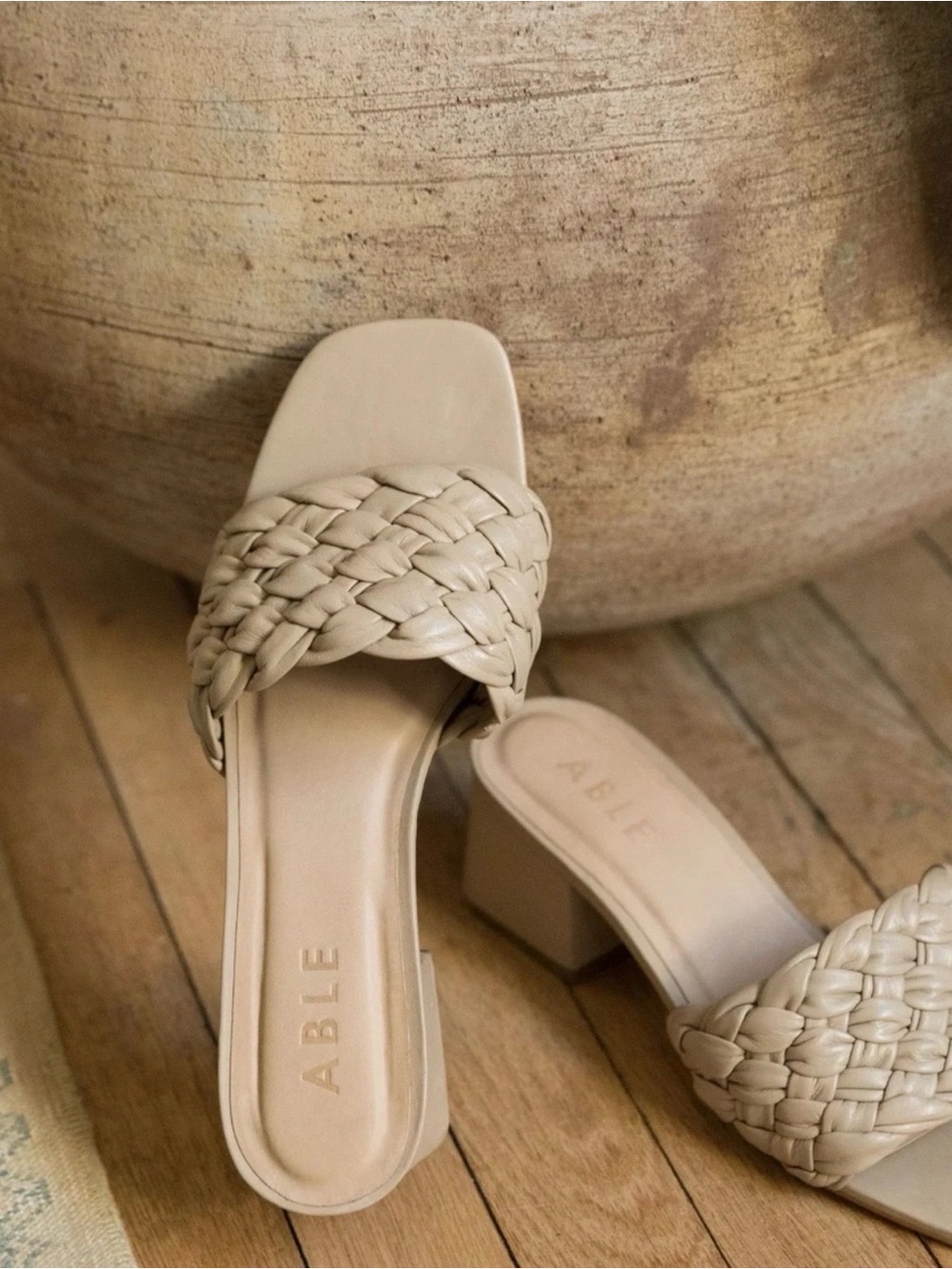 NWT ABLE Braided Leather Slide Sandals in Tan, Size 11